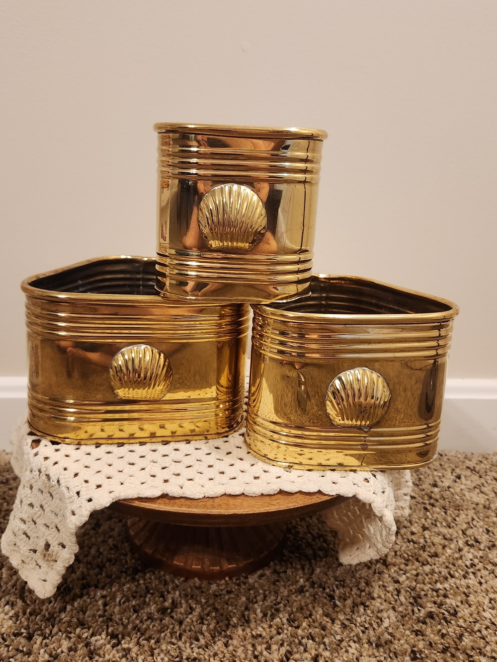SET OF 3 Triangular Brass Planters With Scallop Shell Design